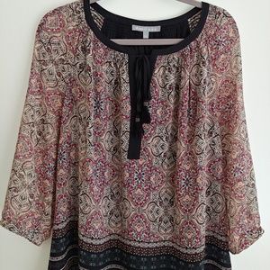Drawstring neck peasant style print